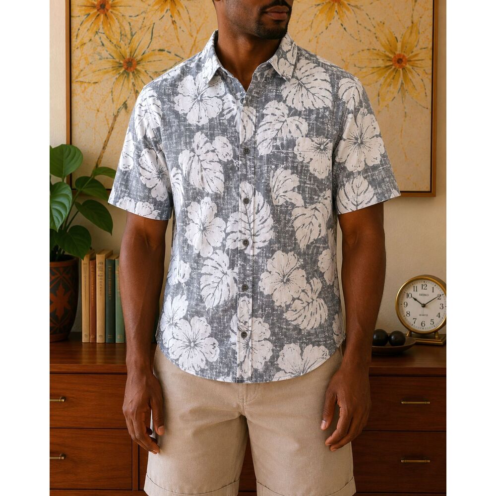 George Hawaiian Mens Size L Shirt Blue Palm Tree Rayon Tropical Beach Vacation